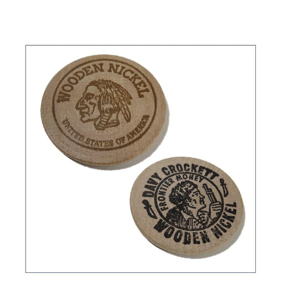 Wooden Nickels (2) items Davy Crocket (Alamo Souvenir) & Advertisement